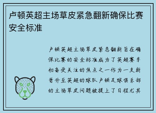 卢顿英超主场草皮紧急翻新确保比赛安全标准 卢顿英超主场草皮紧急翻新确保比赛安全标准